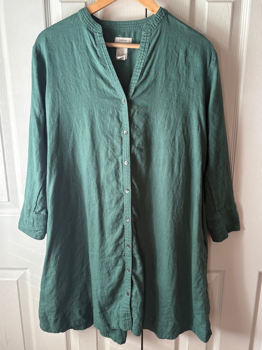 joie Green 100% Linen Long Sleeve Oversized Lagenlook Shirt Shift Dress XS